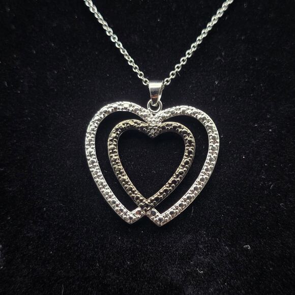 Black Silver Tone Diamond Chip Heart Necklace Pendant - Picture 6 of 10